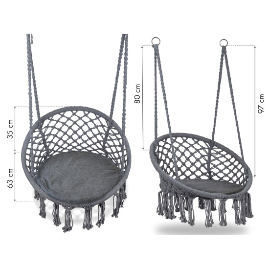 Boho pakabinamas fotelis, sodo sūpynės su pagalve, pilka Boho pakabinamas fotelis, sodo sūpynės su pagalve, pilka