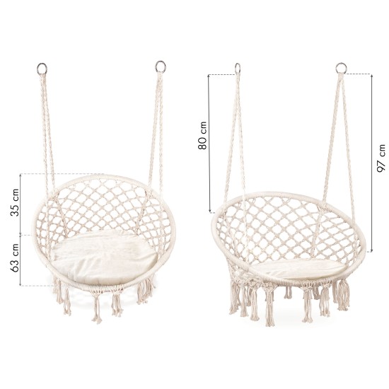 Boho pakabinamas fotelis, sodo sūpynės su pagalve, balta Boho pakabinamas fotelis, sodo sūpynės su pagalve, balta