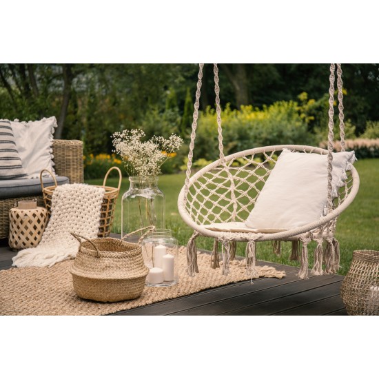 Boho pakabinamas fotelis, sodo sūpynės su pagalve, balta Boho pakabinamas fotelis, sodo sūpynės su pagalve, balta