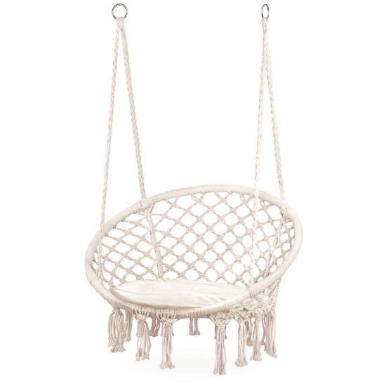 Boho pakabinamas fotelis, sodo sūpynės su pagalve, balta Boho pakabinamas fotelis, sodo sūpynės su pagalve, balta