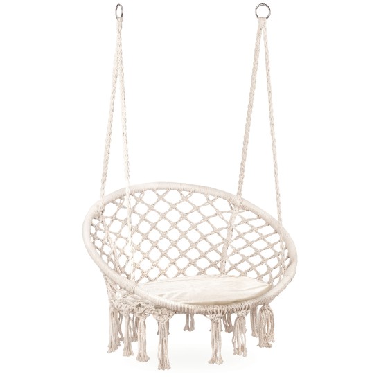 Boho pakabinamas fotelis, sodo sūpynės su pagalve, balta Boho pakabinamas fotelis, sodo sūpynės su pagalve, balta
