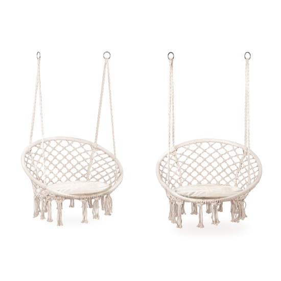 Boho pakabinamas fotelis, sodo sūpynės su pagalve, balta Boho pakabinamas fotelis, sodo sūpynės su pagalve, balta