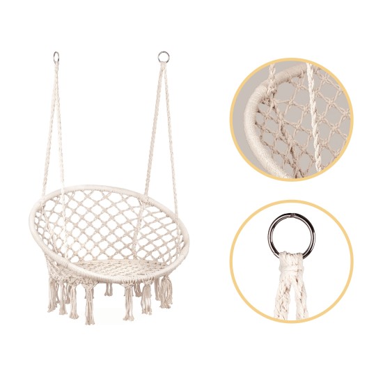 Boho pakabinamas fotelis, sodo sūpynės su pagalve, balta Boho pakabinamas fotelis, sodo sūpynės su pagalve, balta