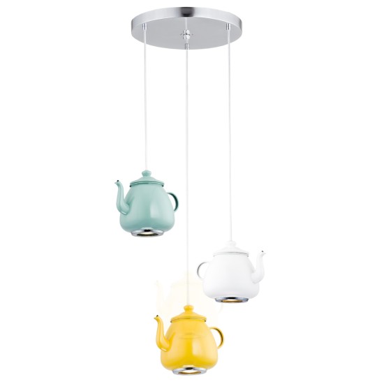 Originalus plieninis pakabinamas šviestuvas, baltos mėtinės geltonos spalvos, 3 arbatinukai JAMAJKA